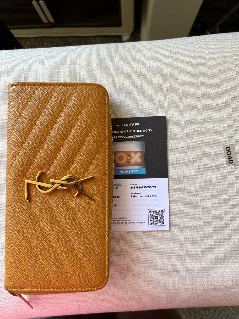 Saint Laurent Quilted Zip Wallet in Mustard Yellow with Gold YSL Logo - Picture 9 of 10